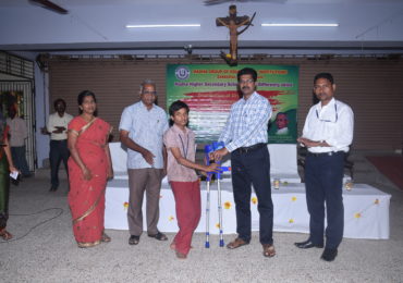 Differently Abled student is being blessed with orthopedic appliance by the Correspondent